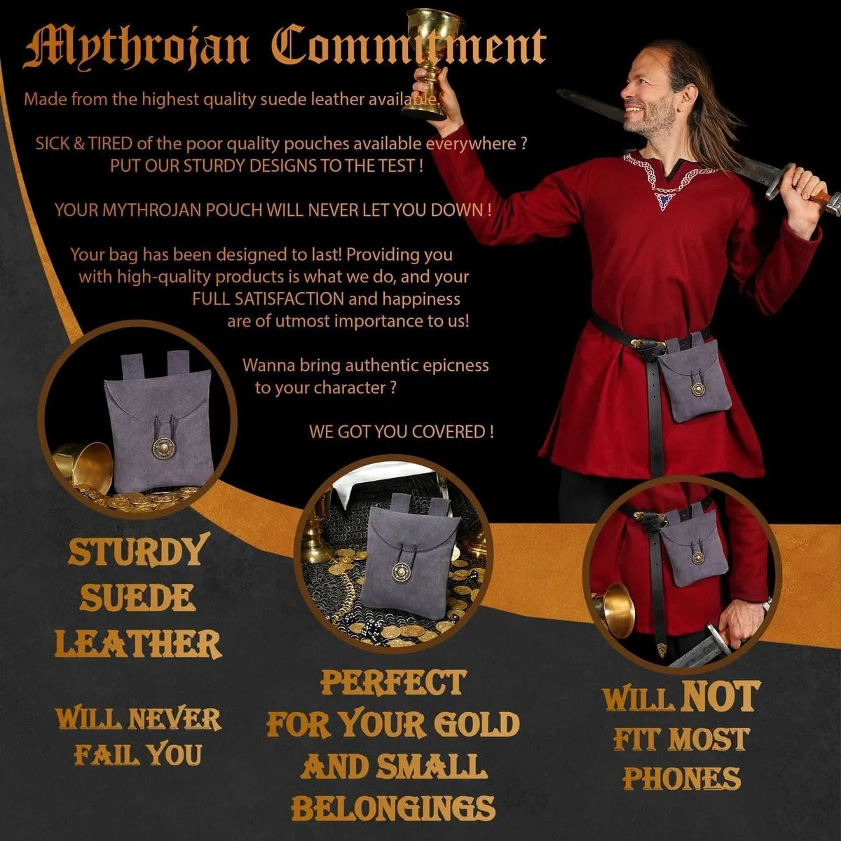 Mythrojan Medieval Renaissance Suede Jewelry Belt Pouch LARP Costume Waist Bag  Dark Blue