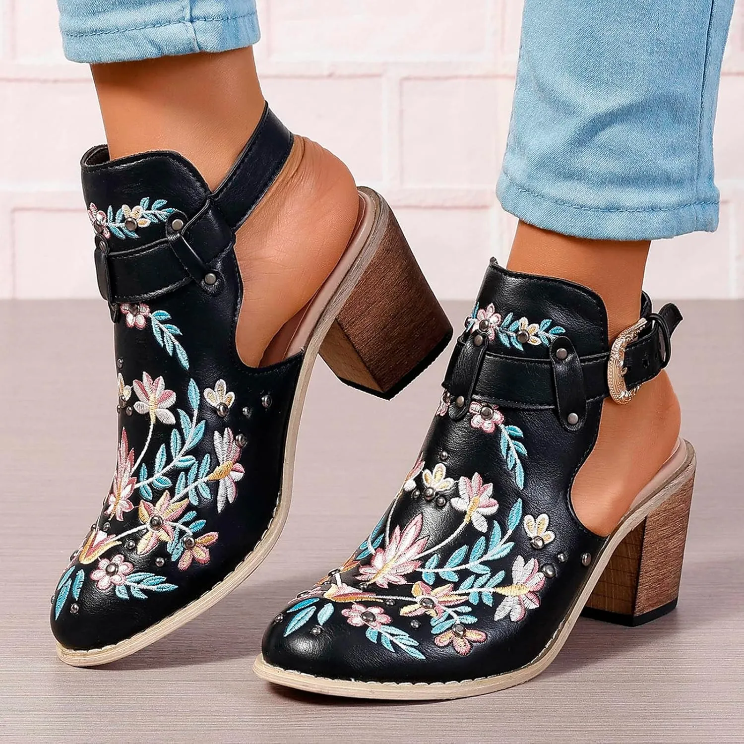 New Europe and The United States Foreign Trade Embroidery Retro High Heeled Shoes Thick Chunky Heels for Women Boots
