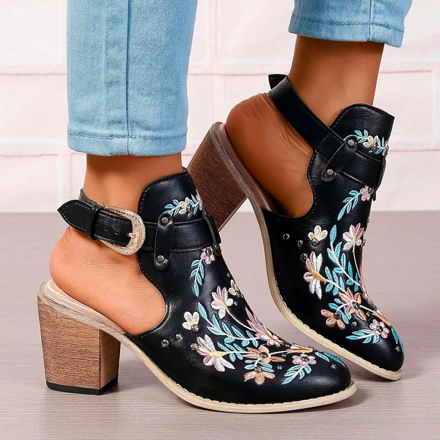 New Europe and The United States Foreign Trade Embroidery Retro High Heeled Shoes Thick Chunky Heels for Women Boots