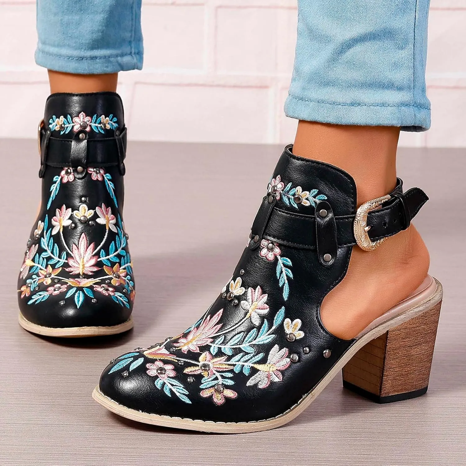 New Europe and The United States Foreign Trade Embroidery Retro High Heeled Shoes Thick Chunky Heels for Women Boots