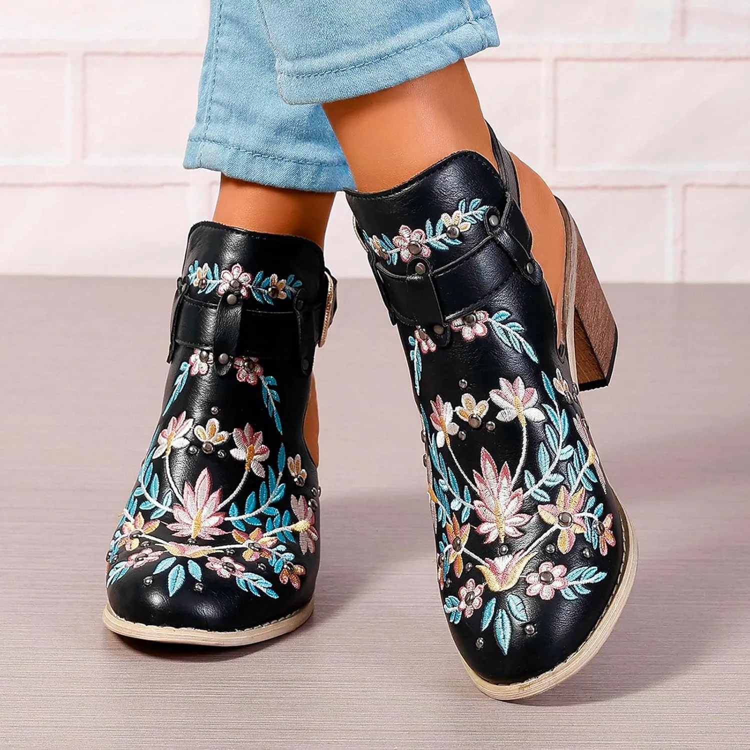 New Europe and The United States Foreign Trade Embroidery Retro High Heeled Shoes Thick Chunky Heels for Women Boots