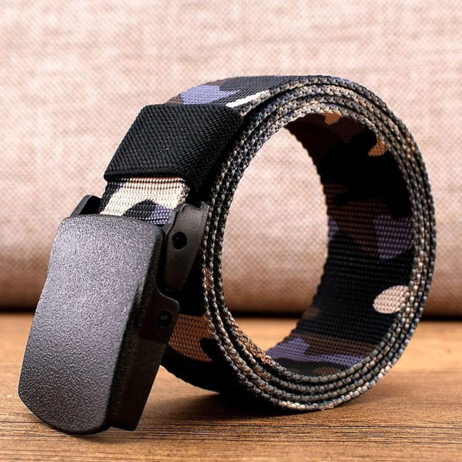 No Metal Camouflage Web Belt, Adjustable Airport Friendly Military Tactical Belt, Plastic Buckle Nylon Webbing Belt