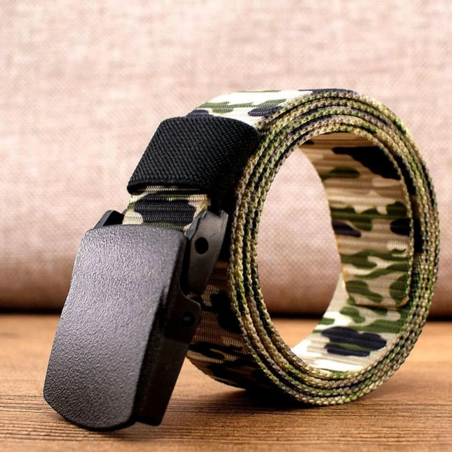 No Metal Camouflage Web Belt, Adjustable Airport Friendly Military Tactical Belt, Plastic Buckle Nylon Webbing Belt
