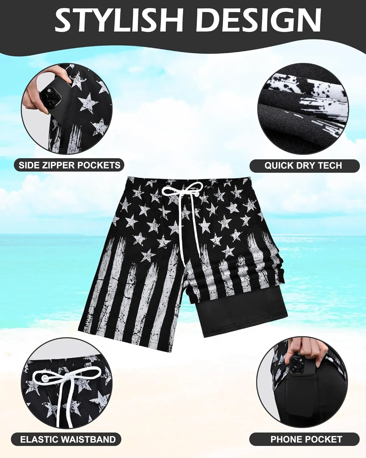 OlyPegic Men's Swim Trunks with Compression Liner Board Beach Shorts Quick Dry Swim Shorts Bathing Suits with Zipper Pock