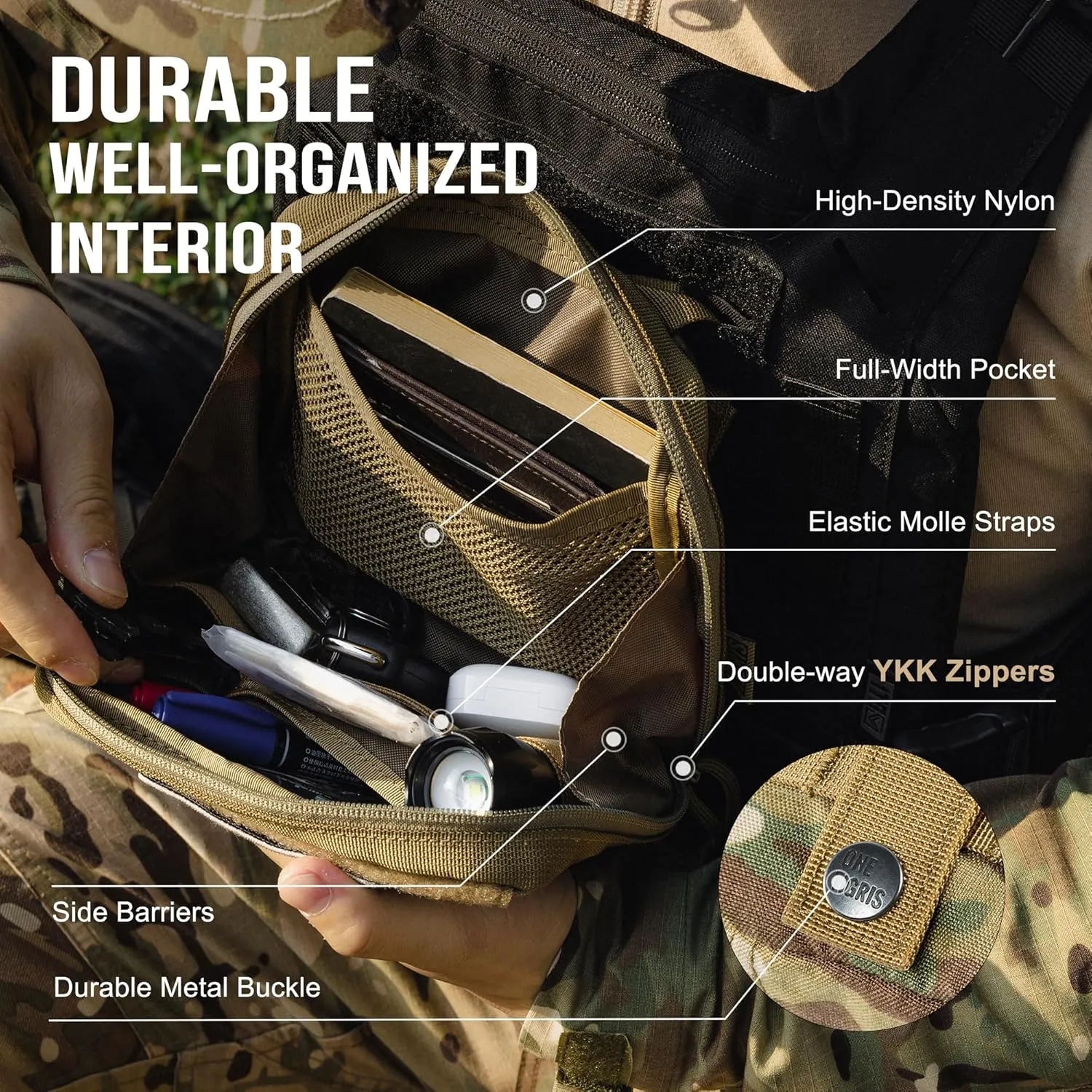OneTigris MOLLE Pouch, Tactical Admin Pouch Belt EDC Tool Organizer Zippered Utility Waist Pack 7.5"x5"x2"