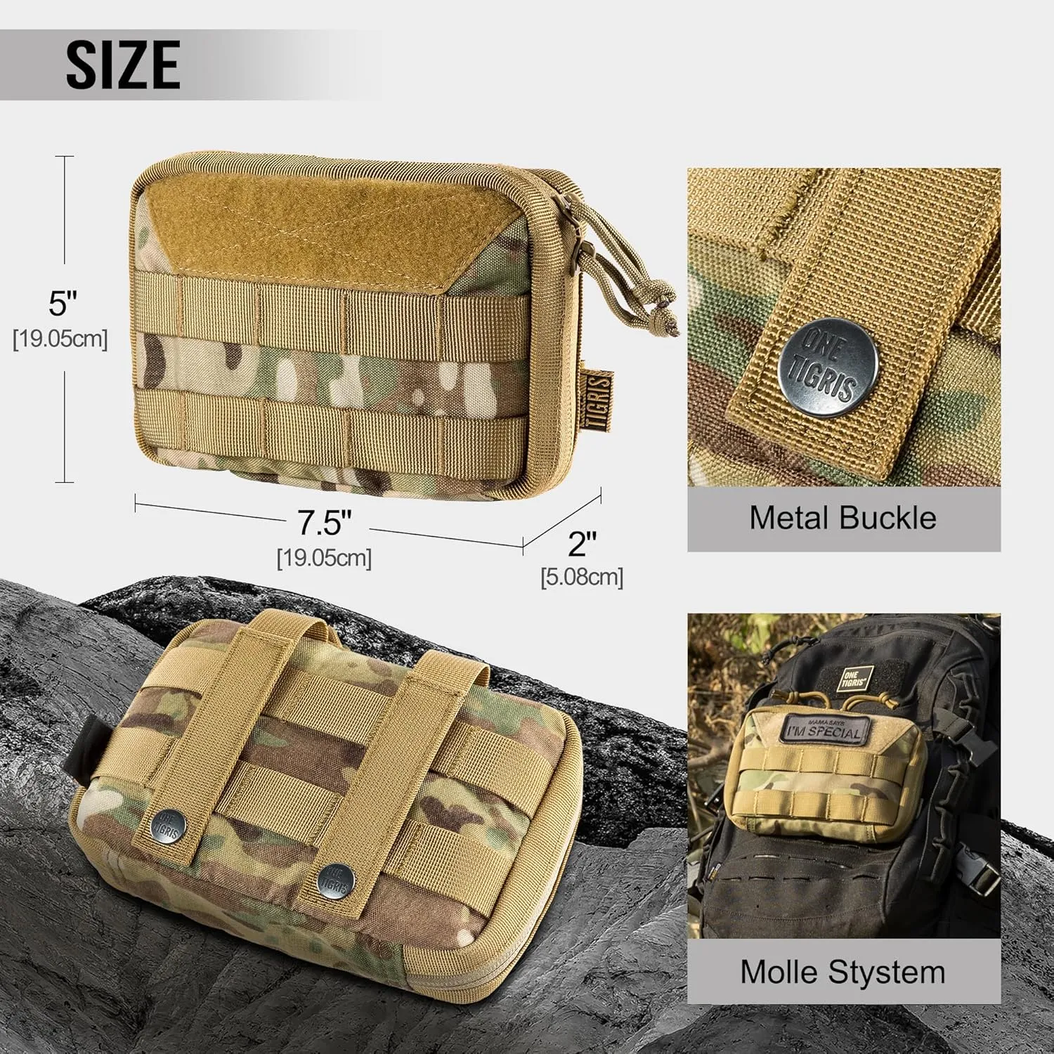 OneTigris MOLLE Pouch, Tactical Admin Pouch Belt EDC Tool Organizer Zippered Utility Waist Pack 7.5"x5"x2"