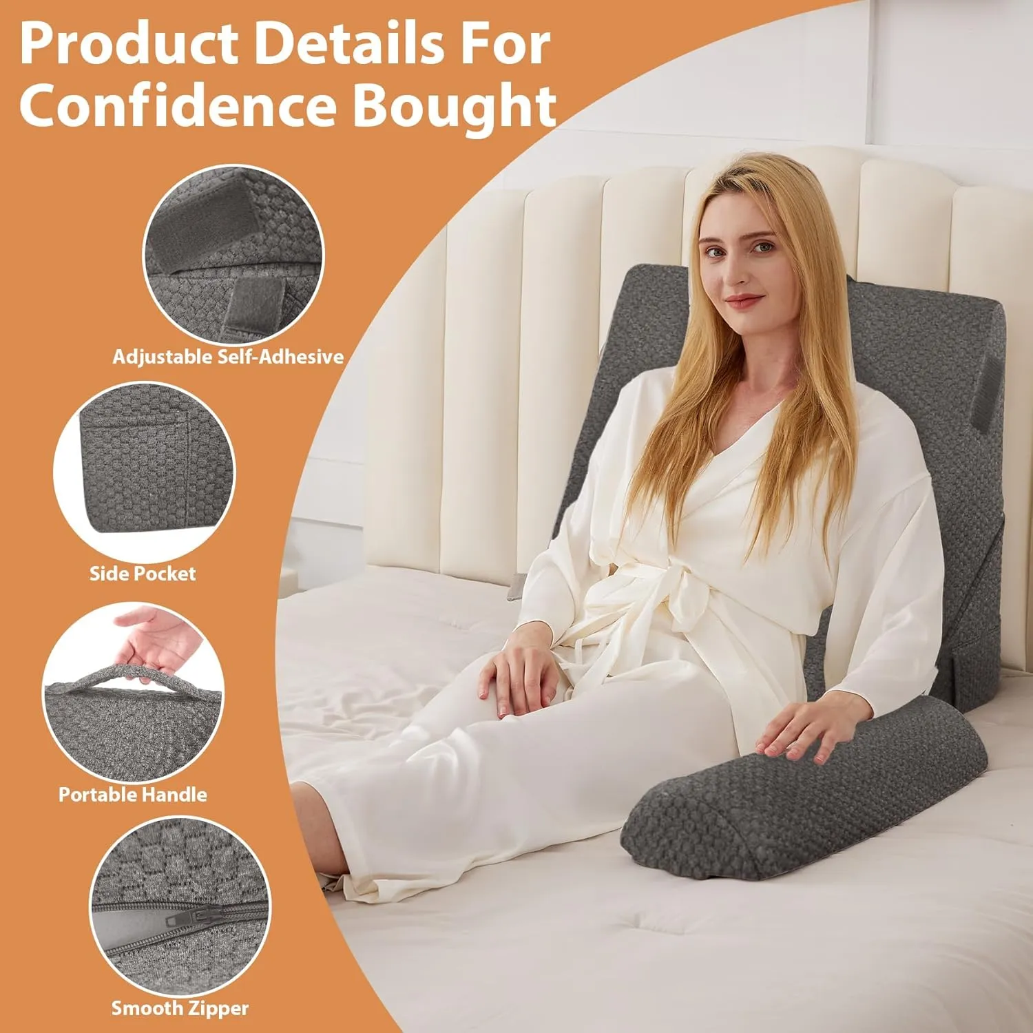 Orthopedic Bed Wedge Pillow Set 4Pcs, Adjustable Memory Foam, Pillow Wedge for Post Surgery, Back Pain Relief, Triangle Pillows for Acid Reflux, Snoring, GERD, Dark Grey