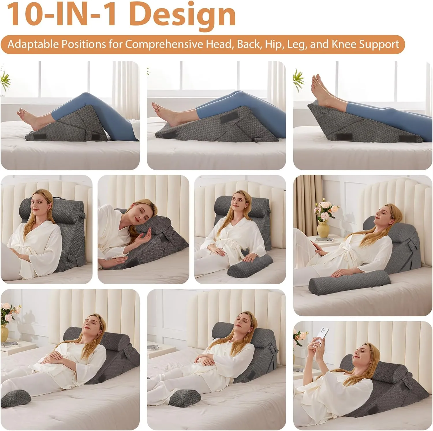 Orthopedic Bed Wedge Pillow Set 4Pcs, Adjustable Memory Foam, Pillow Wedge for Post Surgery, Back Pain Relief, Triangle Pillows for Acid Reflux, Snoring, GERD, Dark Grey