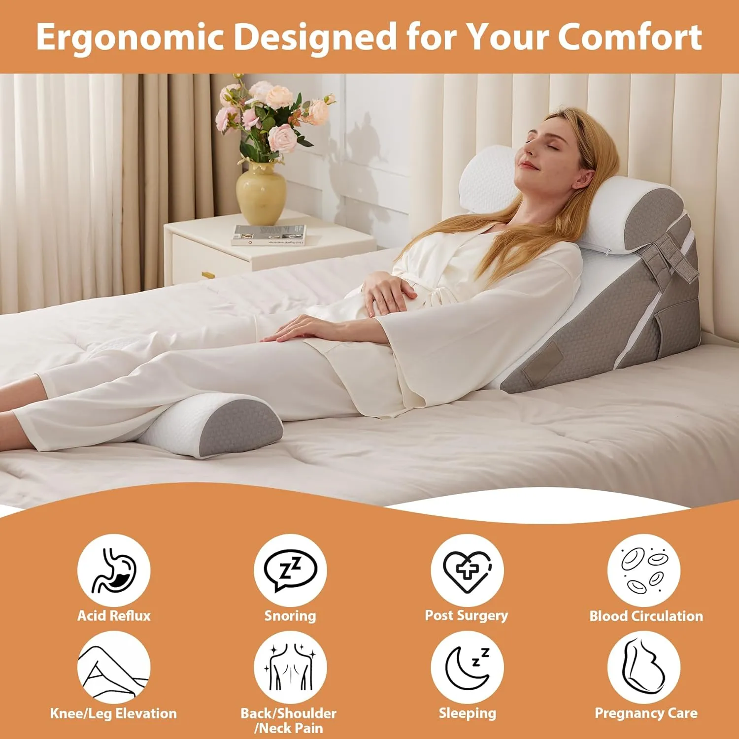 Orthopedic Bed Wedge Pillow Set 4Pcs, Adjustable Memory Foam Wedge Pillow, Pillow Wedges for Post Surgery, Back Pain Relief, Triangle Pillows for Acid Reflux, Snoring, GERD, White/Grey