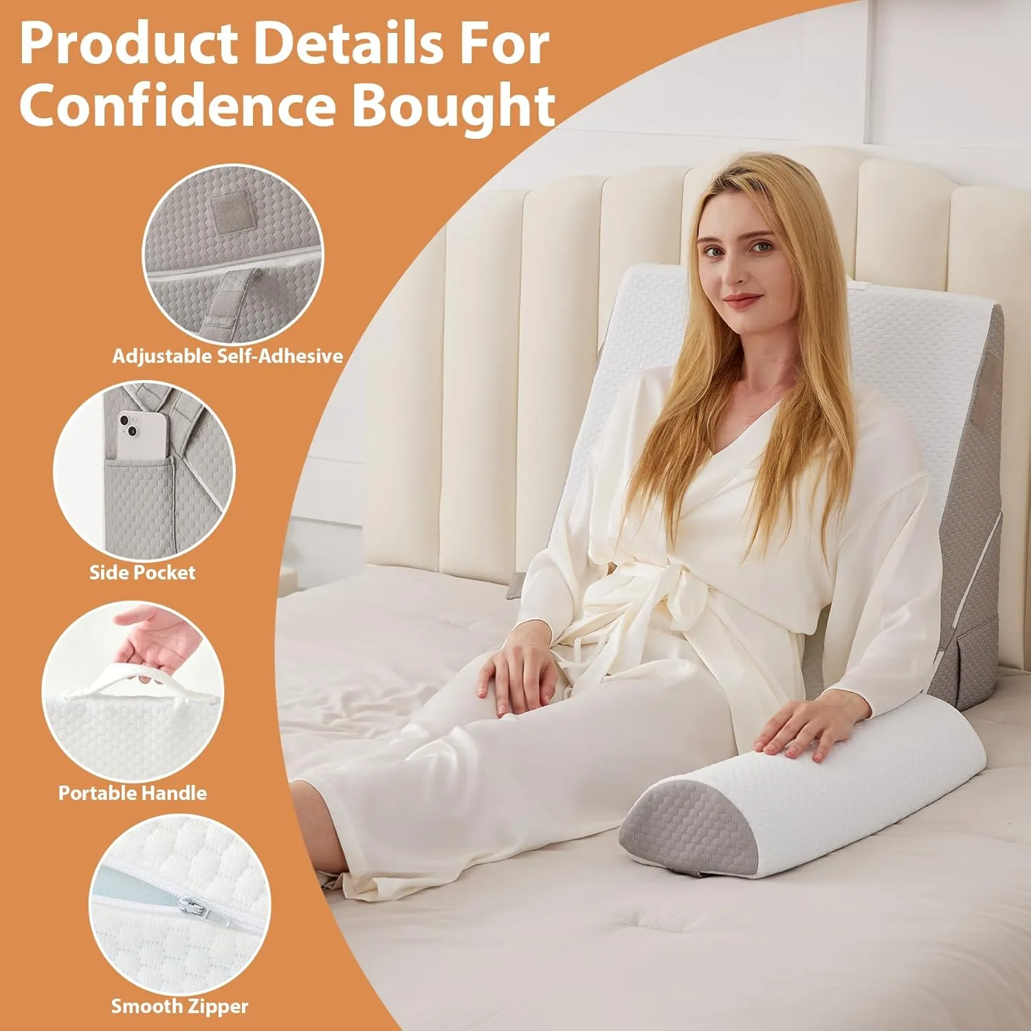 Orthopedic Bed Wedge Pillow Set 4Pcs, Adjustable Memory Foam Wedge Pillow, Pillow Wedges for Post Surgery, Back Pain Relief, Triangle Pillows for Acid Reflux, Snoring, GERD, White/Grey