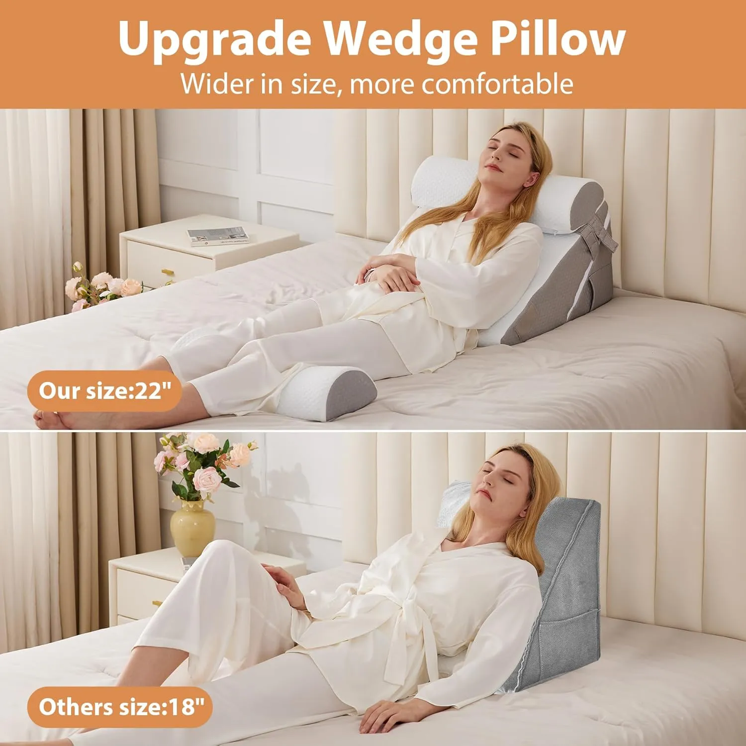 Orthopedic Bed Wedge Pillow Set 4Pcs, Adjustable Memory Foam Wedge Pillow, Pillow Wedges for Post Surgery, Back Pain Relief, Triangle Pillows for Acid Reflux, Snoring, GERD, White/Grey