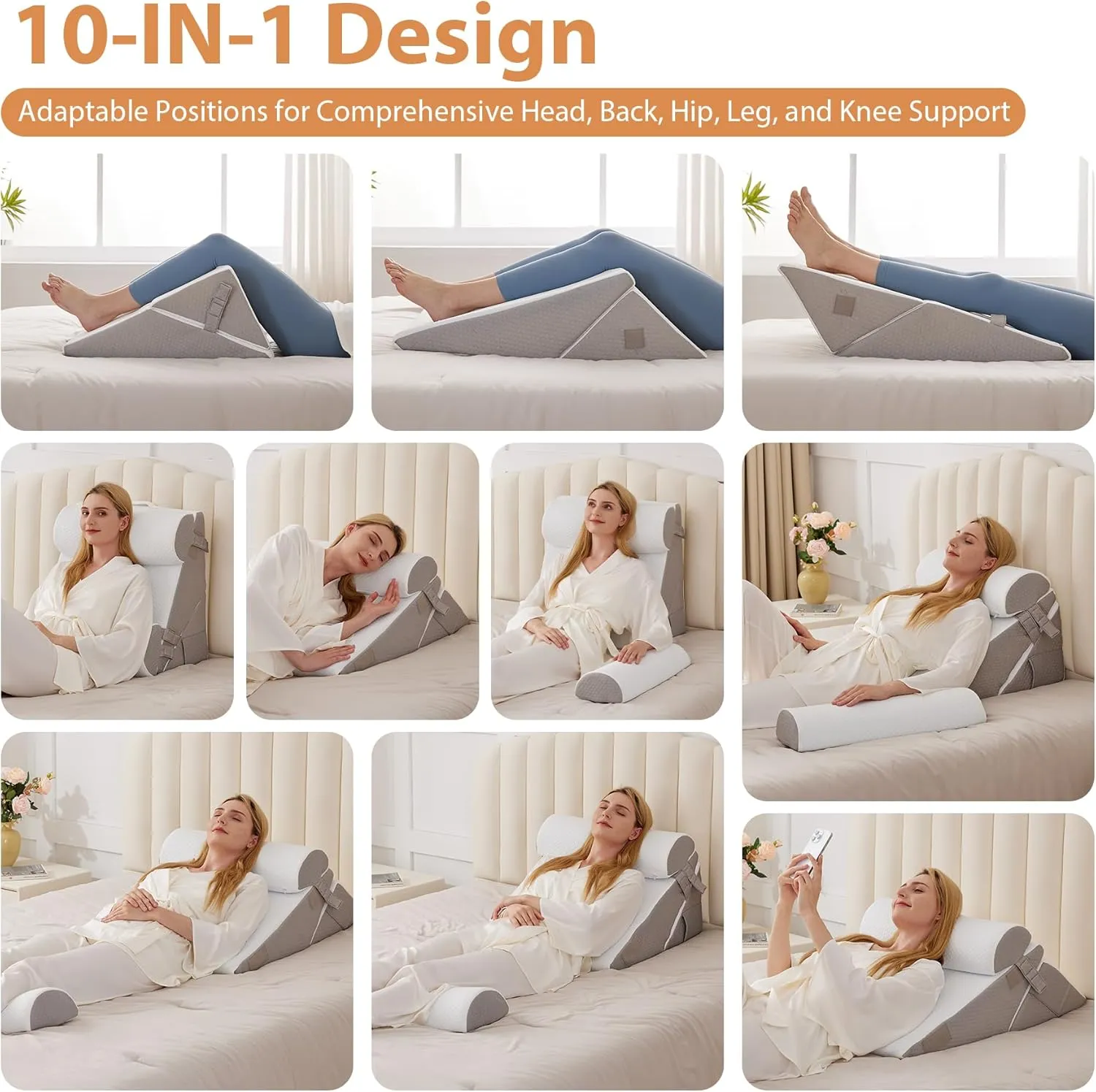 Orthopedic Bed Wedge Pillow Set 4Pcs, Adjustable Memory Foam Wedge Pillow, Pillow Wedges for Post Surgery, Back Pain Relief, Triangle Pillows for Acid Reflux, Snoring, GERD, White/Grey