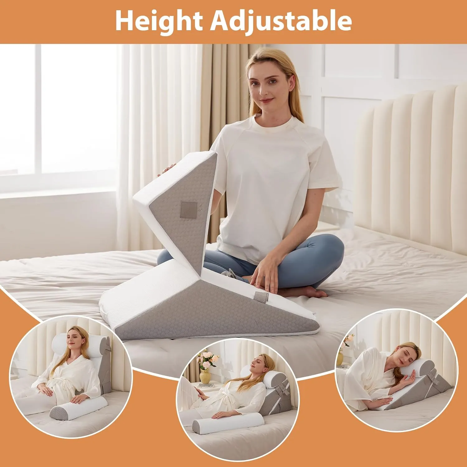 Orthopedic Bed Wedge Pillow Set 4Pcs, Adjustable Memory Foam Wedge Pillow, Pillow Wedges for Post Surgery, Back Pain Relief, Triangle Pillows for Acid Reflux, Snoring, GERD, White/Grey