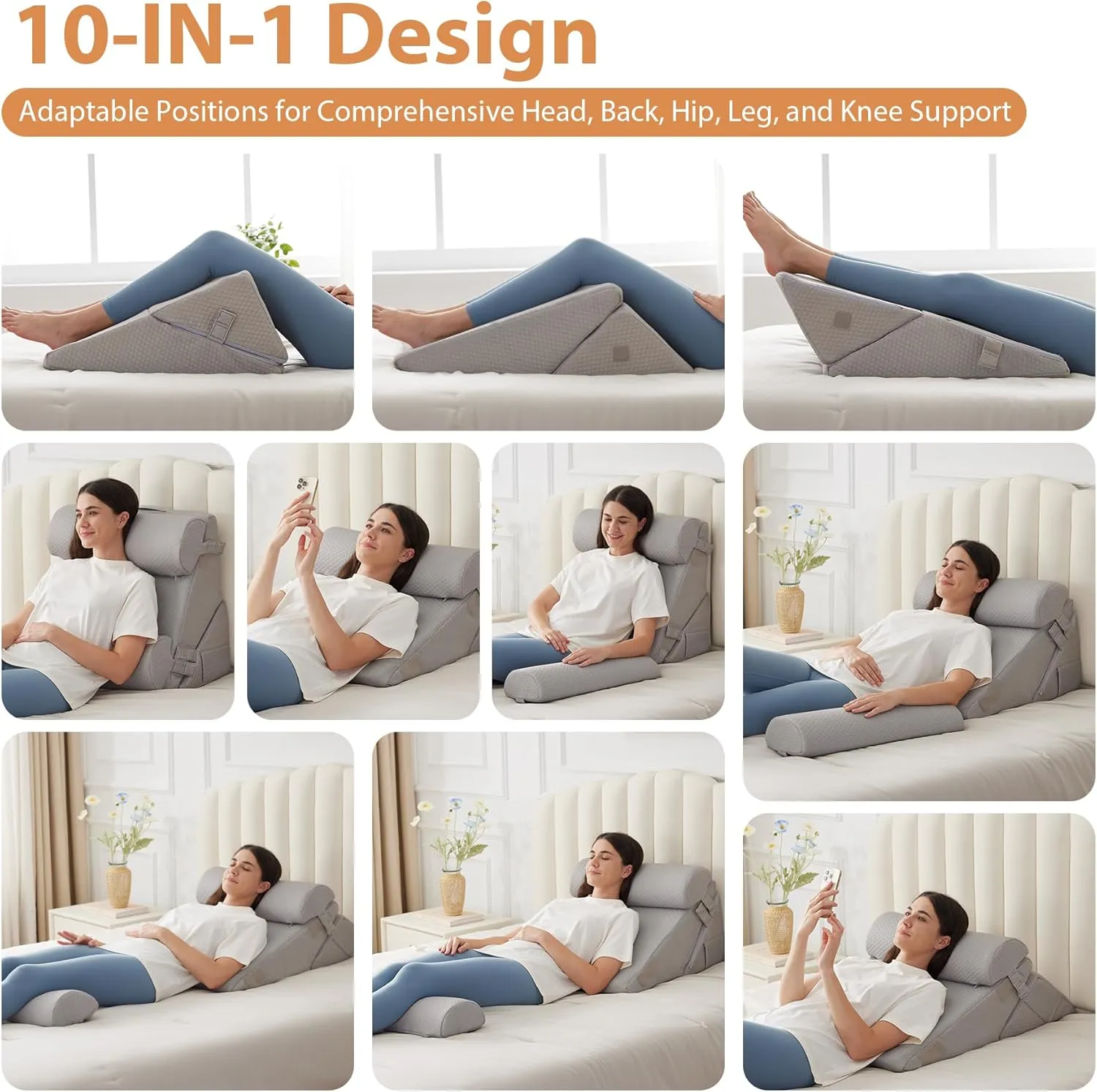 Orthopedic Bed Wedge Pillow Set 4Pcs, Adjustable Memory Foam Wedges Pillow, Pillow Wedge for Post Surgery, Back Pain Relief, Acid Reflux, Snoring, GERD, Grey