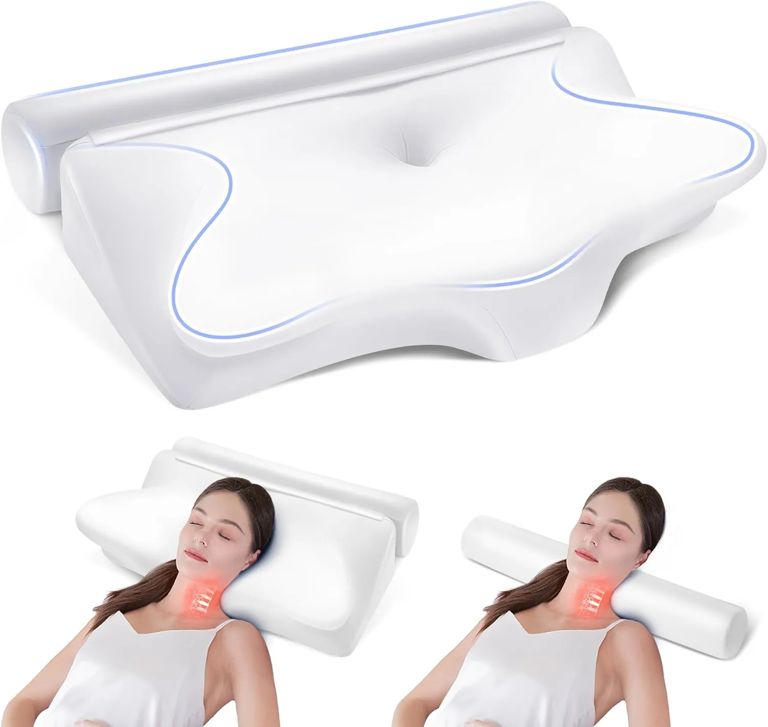 Orthopedic Memory Foam Pillow for Neck Pain Relief - 2-in-1 Contour Pillow for Side Sleepers & Back Support with Cooling Pillowcase, Detachable Round Pillow for Cervical Spine Relaxation