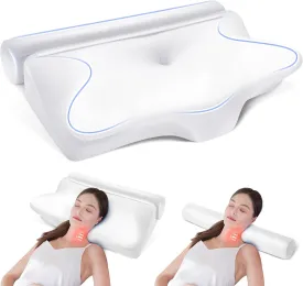 Orthopedic Memory Foam Pillow for Neck Pain Relief - 2-in-1 Contour Pillow for Side Sleepers & Back Support with Cooling Pillowcase, Detachable Round Pillow for Cervical Spine Relaxation