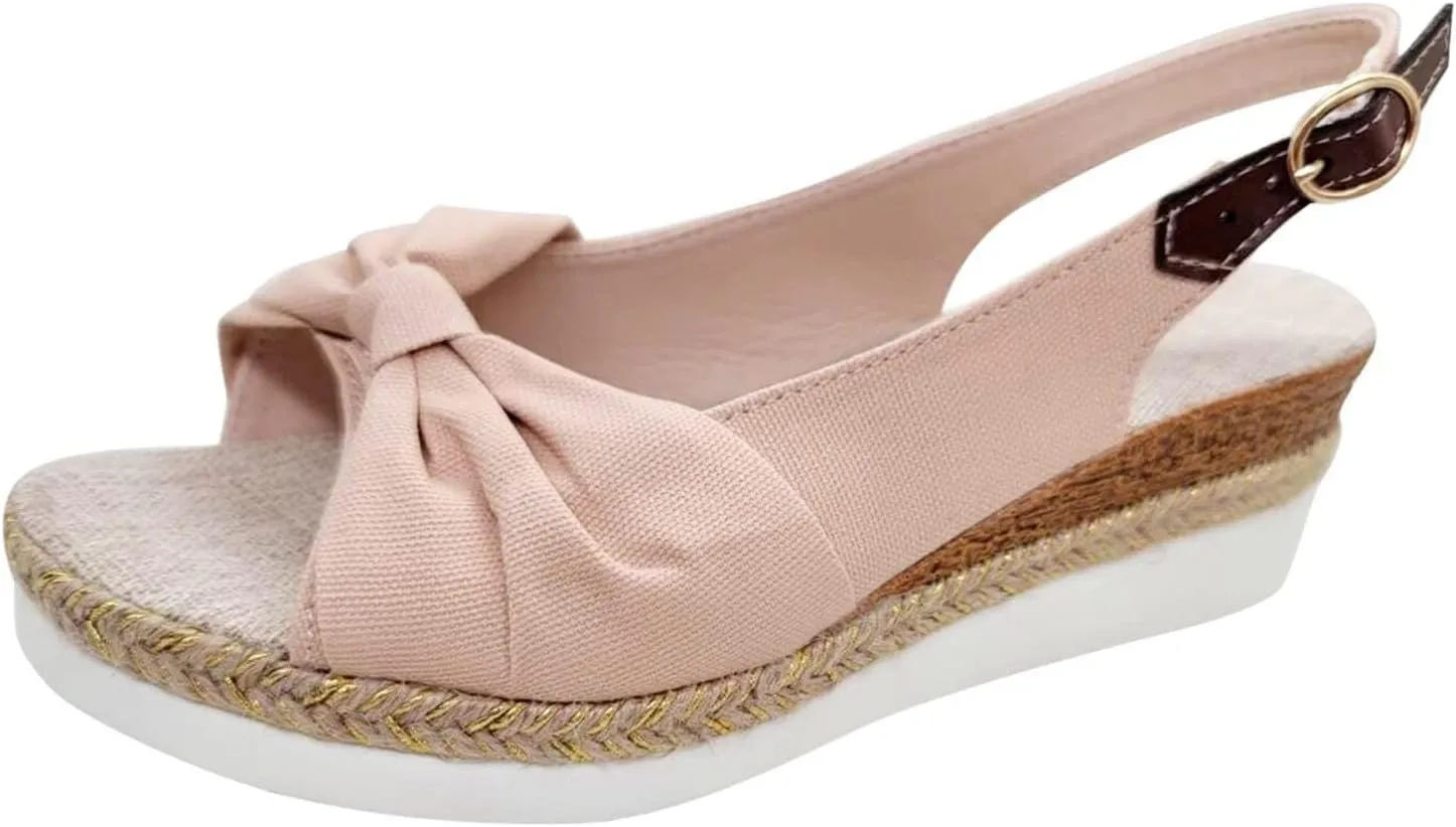 Orthopedic Sandals for Women, Women Walking Slip On Wedge Sandals Summer Dressy Open Toe Ankle Strap Platform Beach Shoes Fashion Slingback Espadrille Bowknot Casual Shoes