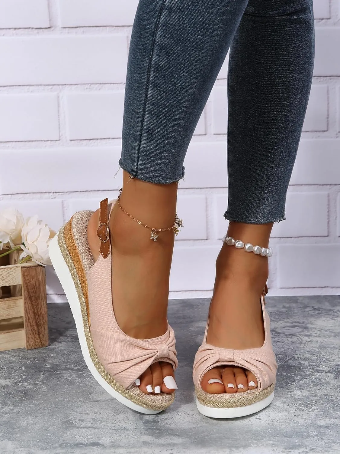 Orthopedic Sandals for Women, Women Walking Slip On Wedge Sandals Summer Dressy Open Toe Ankle Strap Platform Beach Shoes Fashion Slingback Espadrille Bowknot Casual Shoes