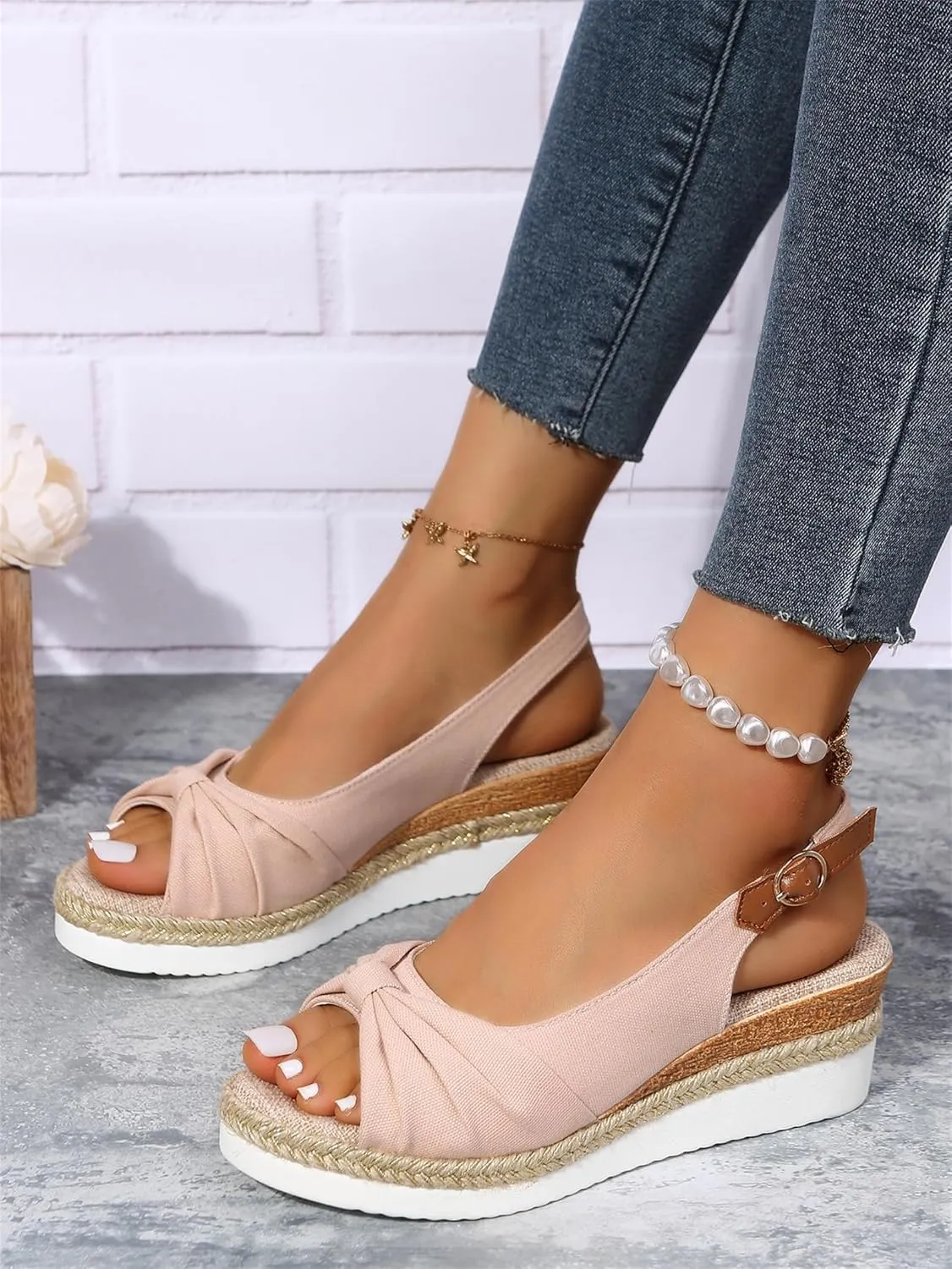 Orthopedic Sandals for Women, Women Walking Slip On Wedge Sandals Summer Dressy Open Toe Ankle Strap Platform Beach Shoes Fashion Slingback Espadrille Bowknot Casual Shoes