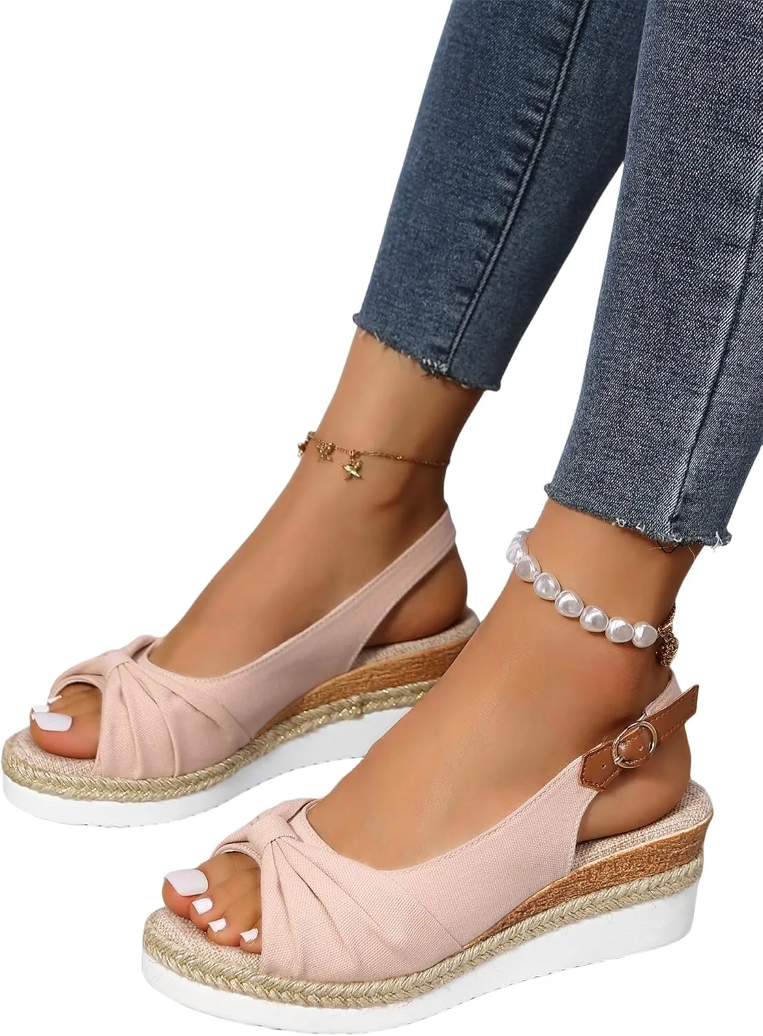 Orthopedic Sandals for Women, Women Walking Slip On Wedge Sandals Summer Dressy Open Toe Ankle Strap Platform Beach Shoes Fashion Slingback Espadrille Bowknot Casual Shoes