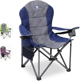 Oversized Portable Camping Chair, Full Padded Outdoor Folding Chair Support 350 LBS, Heavy Duty Lawn Chair with Cup Holder, Cooler Bag, Lumbar Support, Head Pocket for Adult-Blue