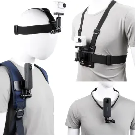PellKing Accessories Kit for Insta360 X5 X4 ONE X3 X2 X GO 3s RS R, 4in1 Chest Strap Mount Harness/Head Mount/Neck Holder/Backpack Strap Mount for Insta 360 GoPro DJI Action Camera