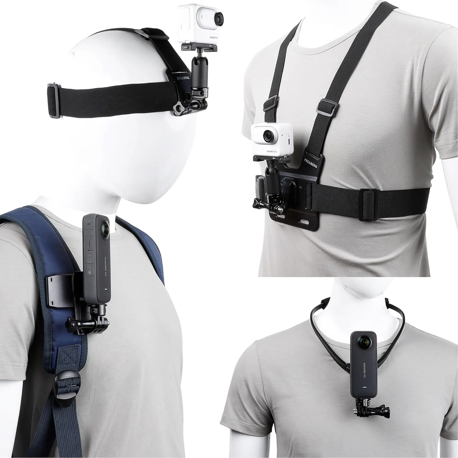 PellKing Accessories Kit for Insta360 X5 X4 ONE X3 X2 X GO 3s RS R, 4in1 Chest Strap Mount Harness/Head Mount/Neck Holder/Backpack Strap Mount for Insta 360 GoPro DJI Action Camera