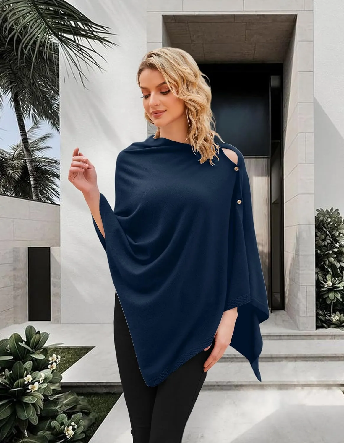 PULI Women's Versatile Knitted Shawls Scarf Poncho Sweater with Buttons Lightweight Spring Summer Fall Wraps