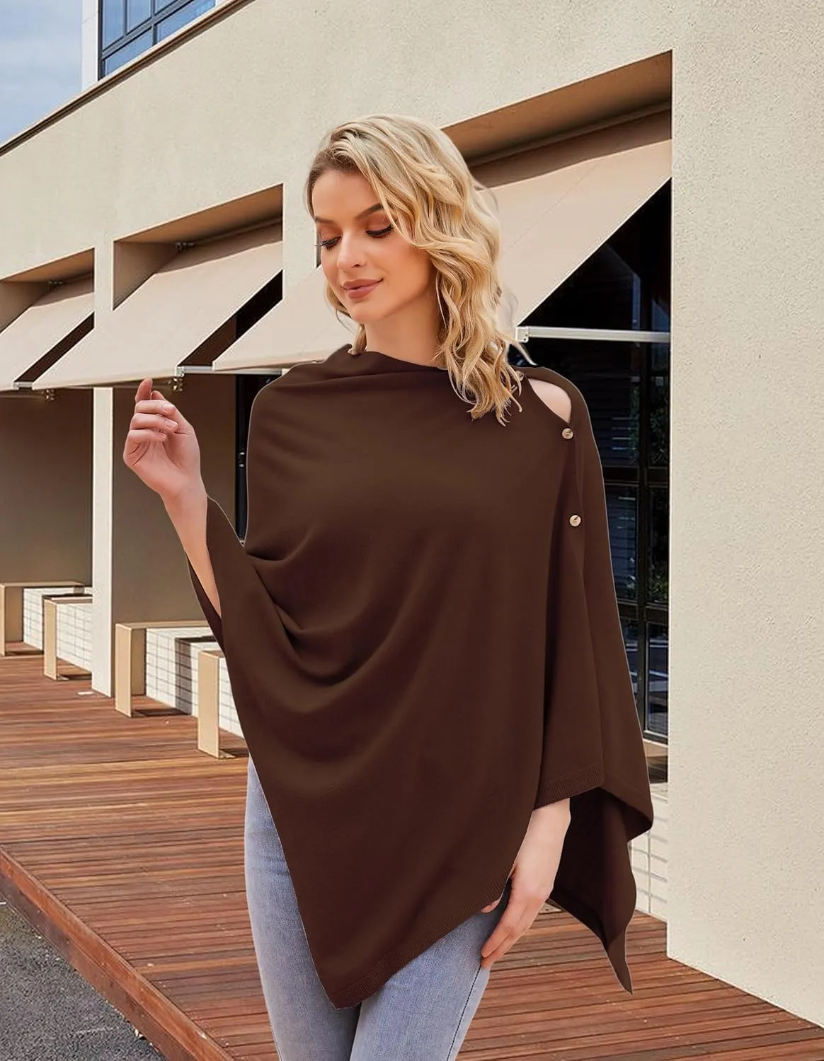 PULI Women's Versatile Knitted Shawls Scarf Poncho Sweater with Buttons Lightweight Spring Summer Fall Wraps