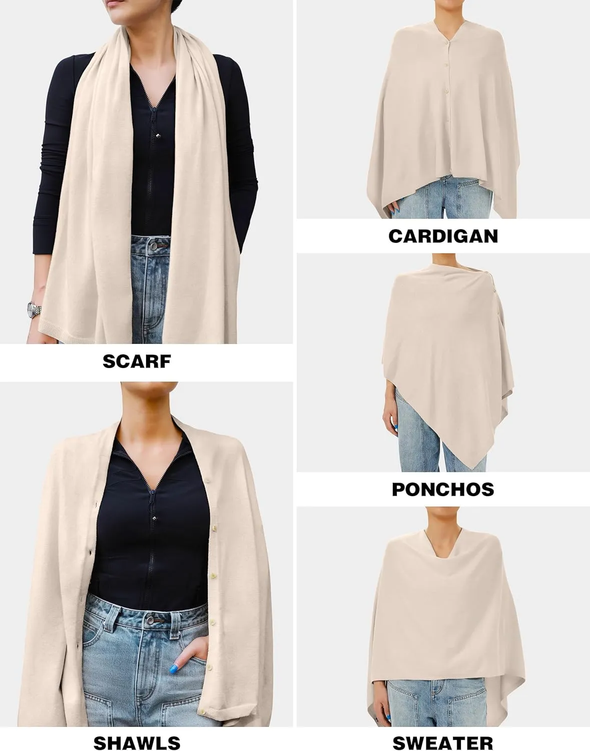 PULI Women's Versatile Knitted Shawls Scarf Poncho Sweater with Buttons Lightweight Spring Summer Fall Wraps