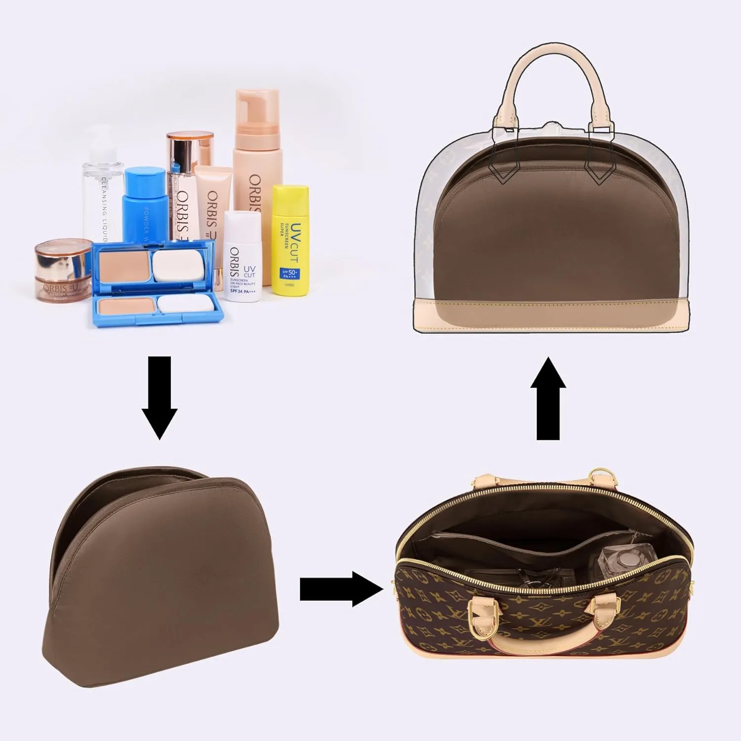 Purse Organizer Insert for LV Alma PM BB, Silk Bag Insert With Zipper Pocket, Shell Tote Organizer for Women