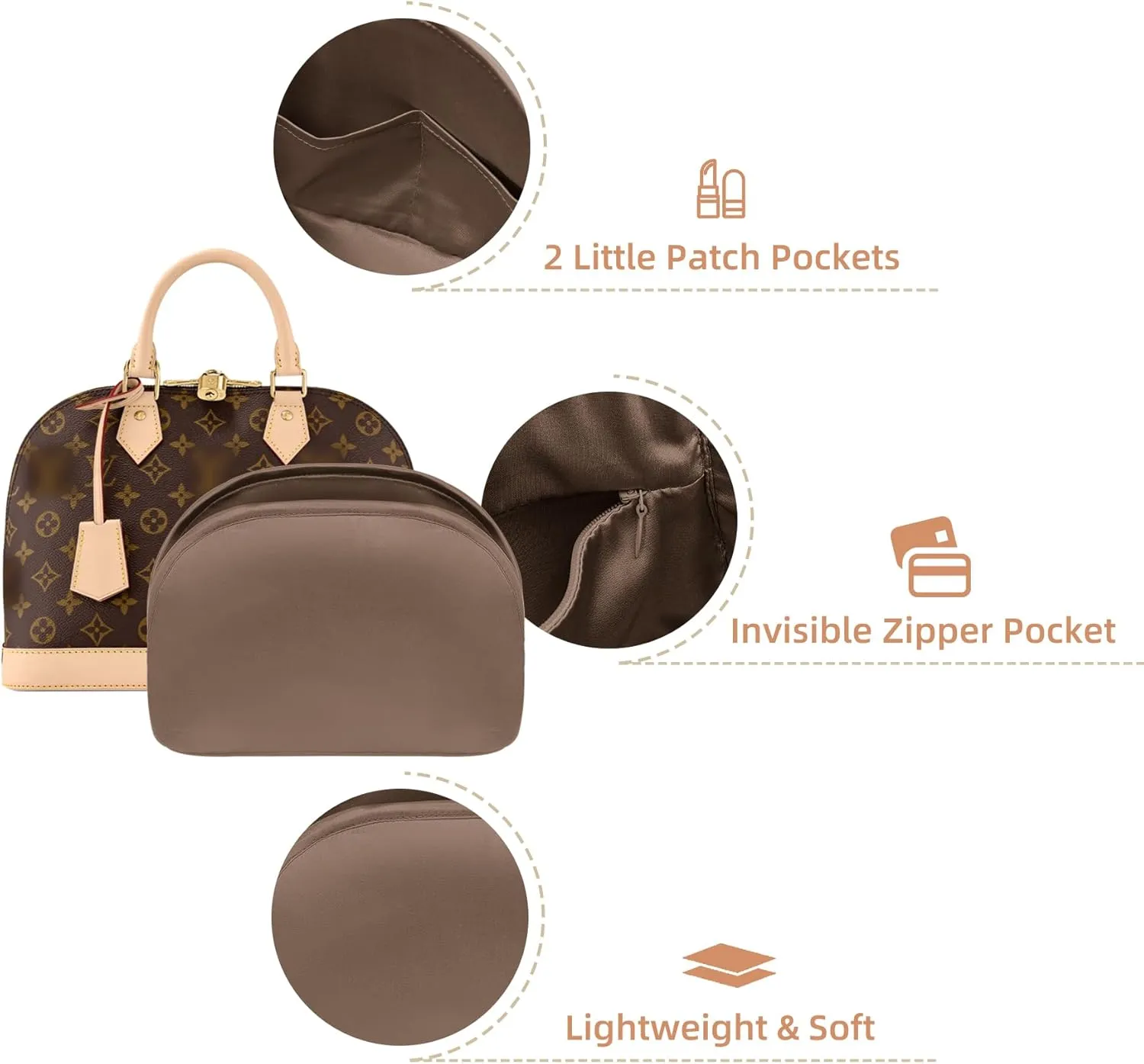 Purse Organizer Insert for LV Alma PM BB, Silk Bag Insert With Zipper Pocket, Shell Tote Organizer for Women