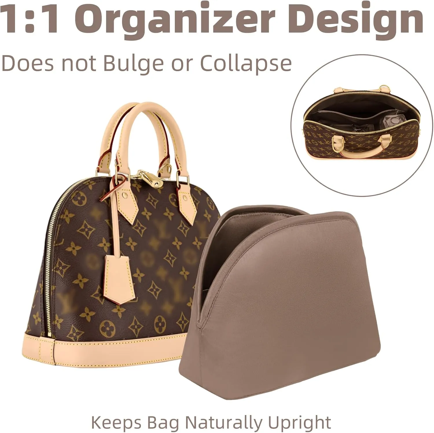 Purse Organizer Insert for LV Alma PM BB, Silk Bag Insert With Zipper Pocket, Shell Tote Organizer for Women