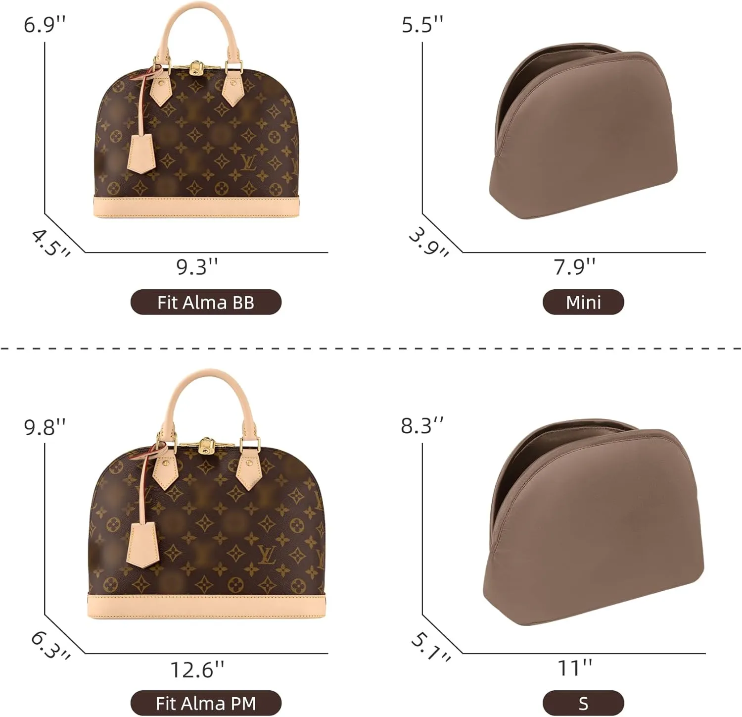 Purse Organizer Insert for LV Alma PM BB, Silk Bag Insert With Zipper Pocket, Shell Tote Organizer for Women
