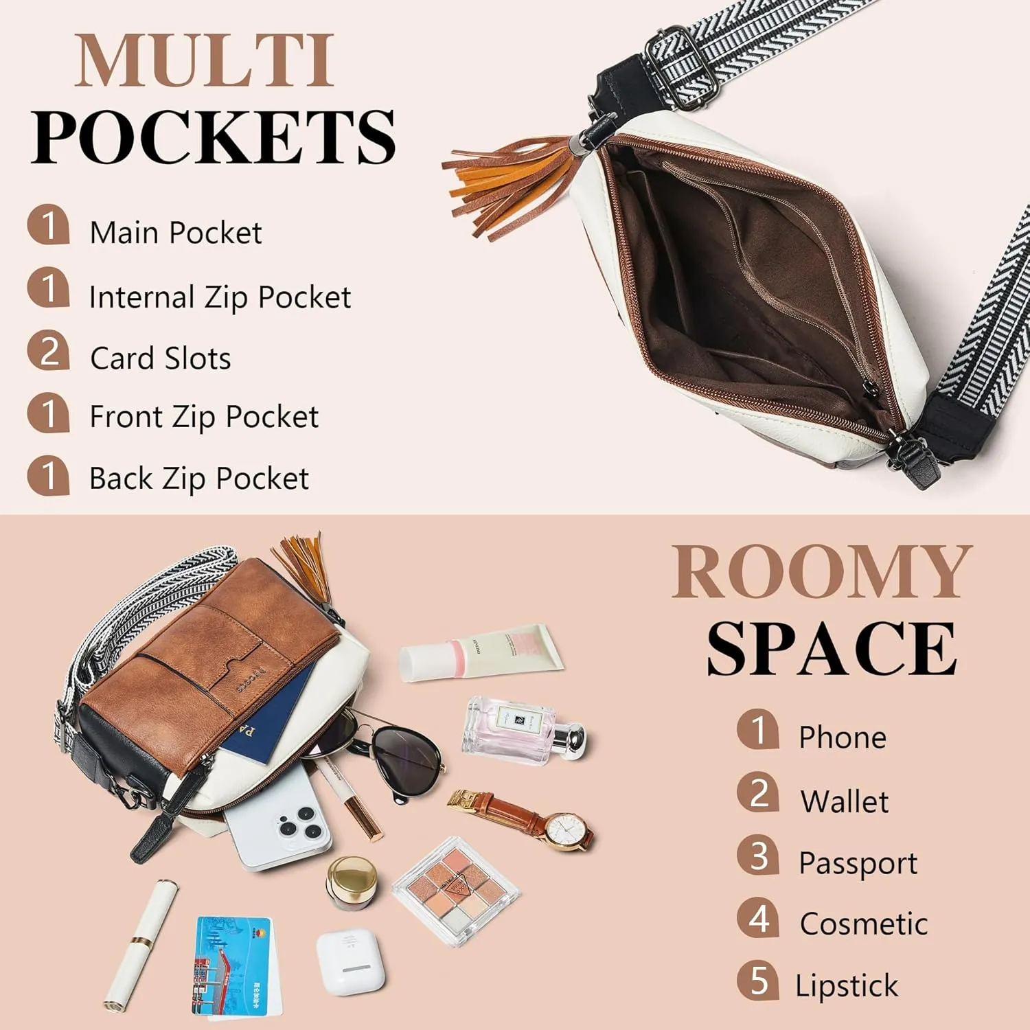 Quilted Crossbody Bags for Women 3-Pockets Crossbody Purses Vegan Leather Shoulder Handbags with Wide Strap