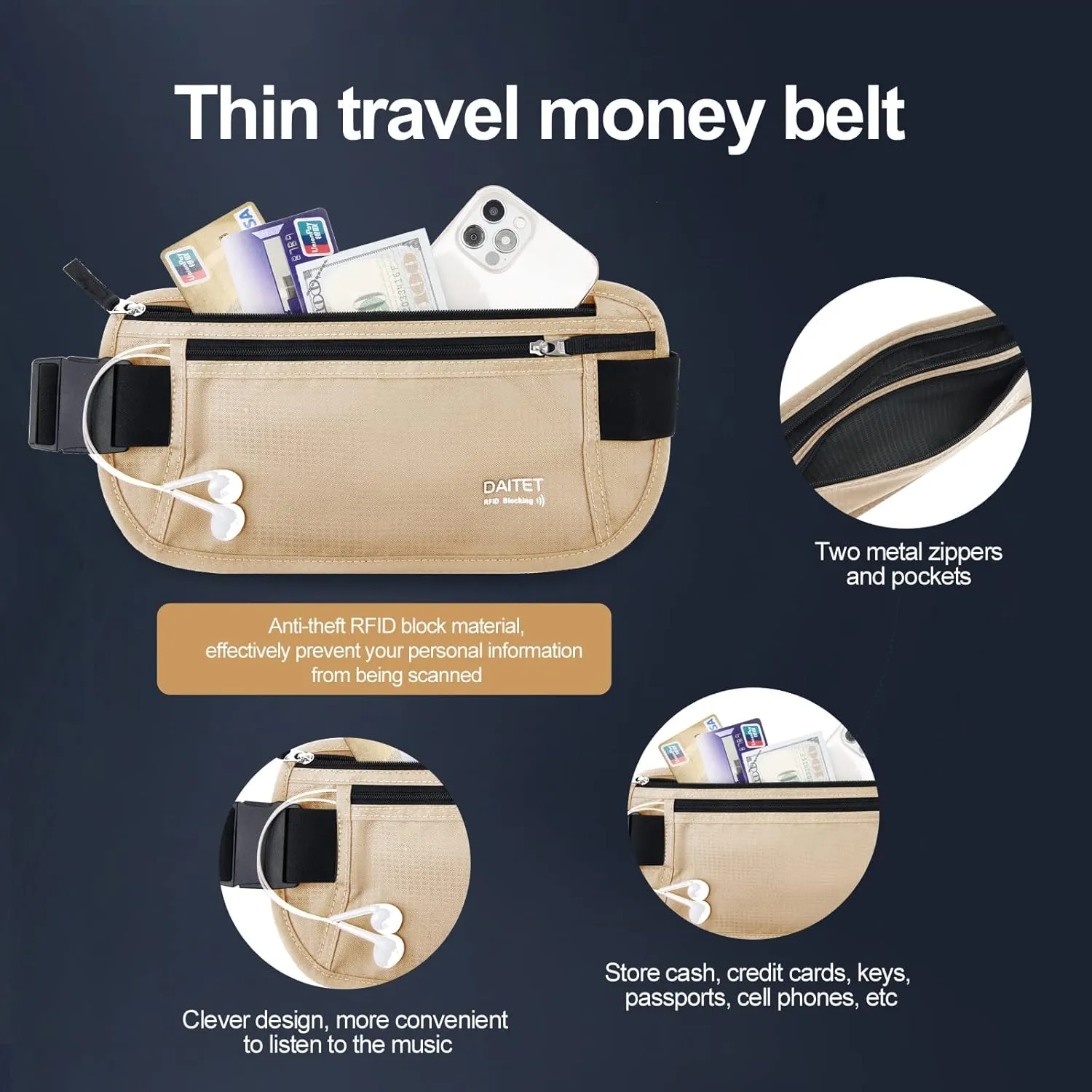 RFID Blocking Money Belt for Men Women, Slim Fanny Pack For TravelRunning,Conceal Waist Wallet For Passport Holder,Phone,Cash(Black Beige), Black Beige