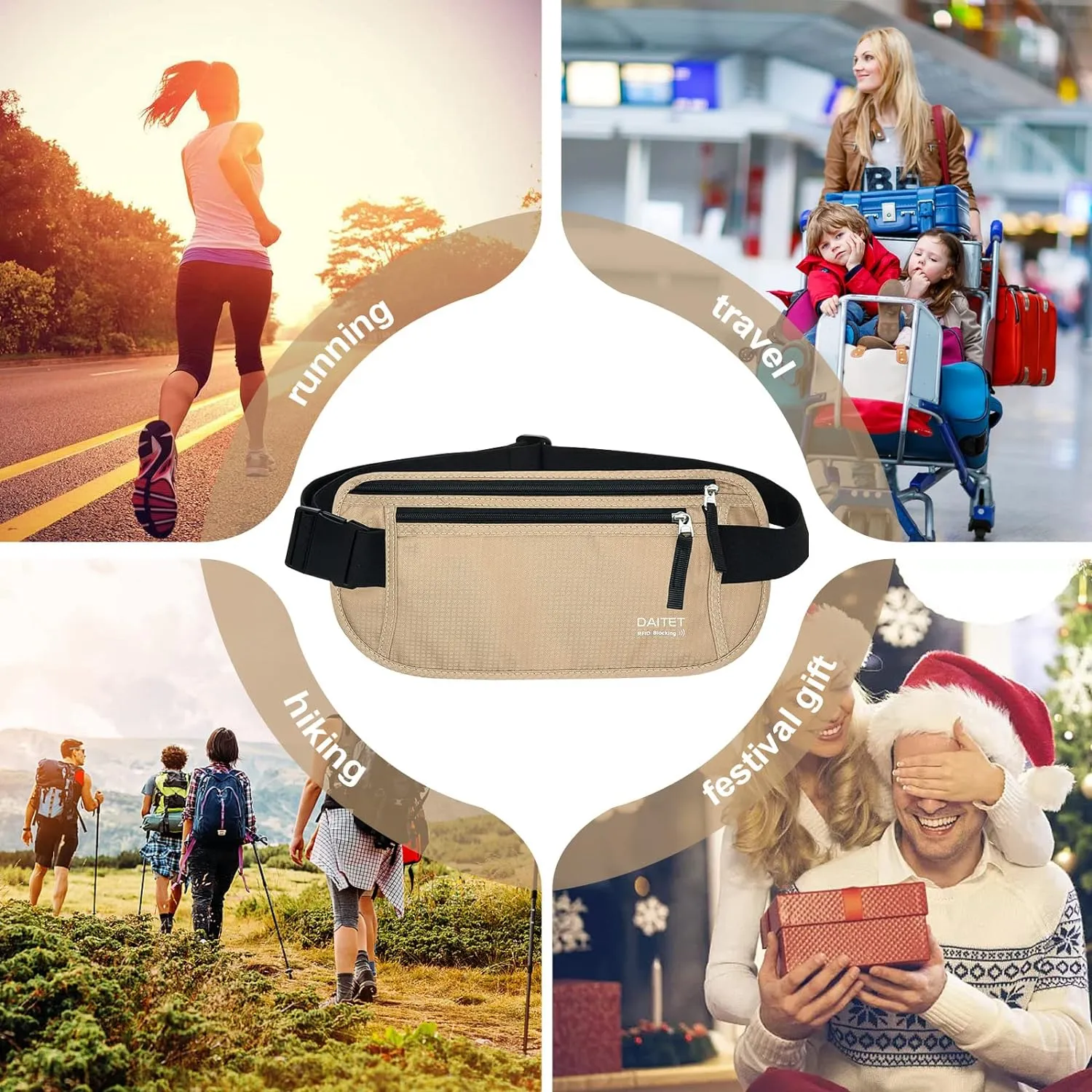 RFID Blocking Money Belt for Men Women, Slim Fanny Pack For TravelRunning,Conceal Waist Wallet For Passport Holder,Phone,Cash(Black Beige), Black Beige