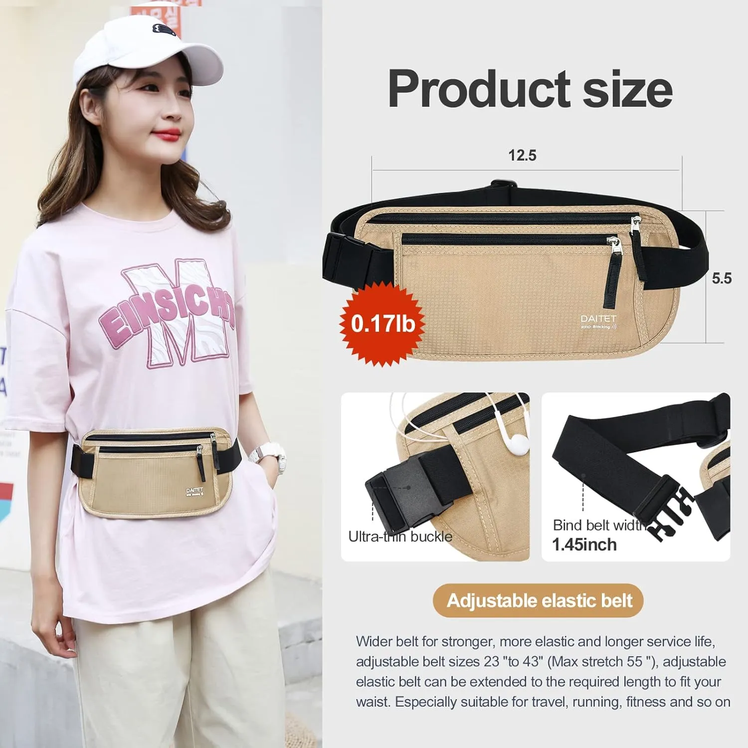 RFID Blocking Money Belt for Men Women, Slim Fanny Pack For TravelRunning,Conceal Waist Wallet For Passport Holder,Phone,Cash(Black Beige), Black Beige