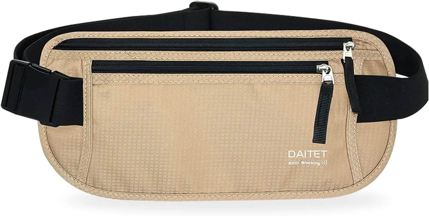 RFID Blocking Money Belt for Men Women, Slim Fanny Pack For TravelRunning,Conceal Waist Wallet For Passport Holder,Phone,Cash(Black Beige), Black Beige
