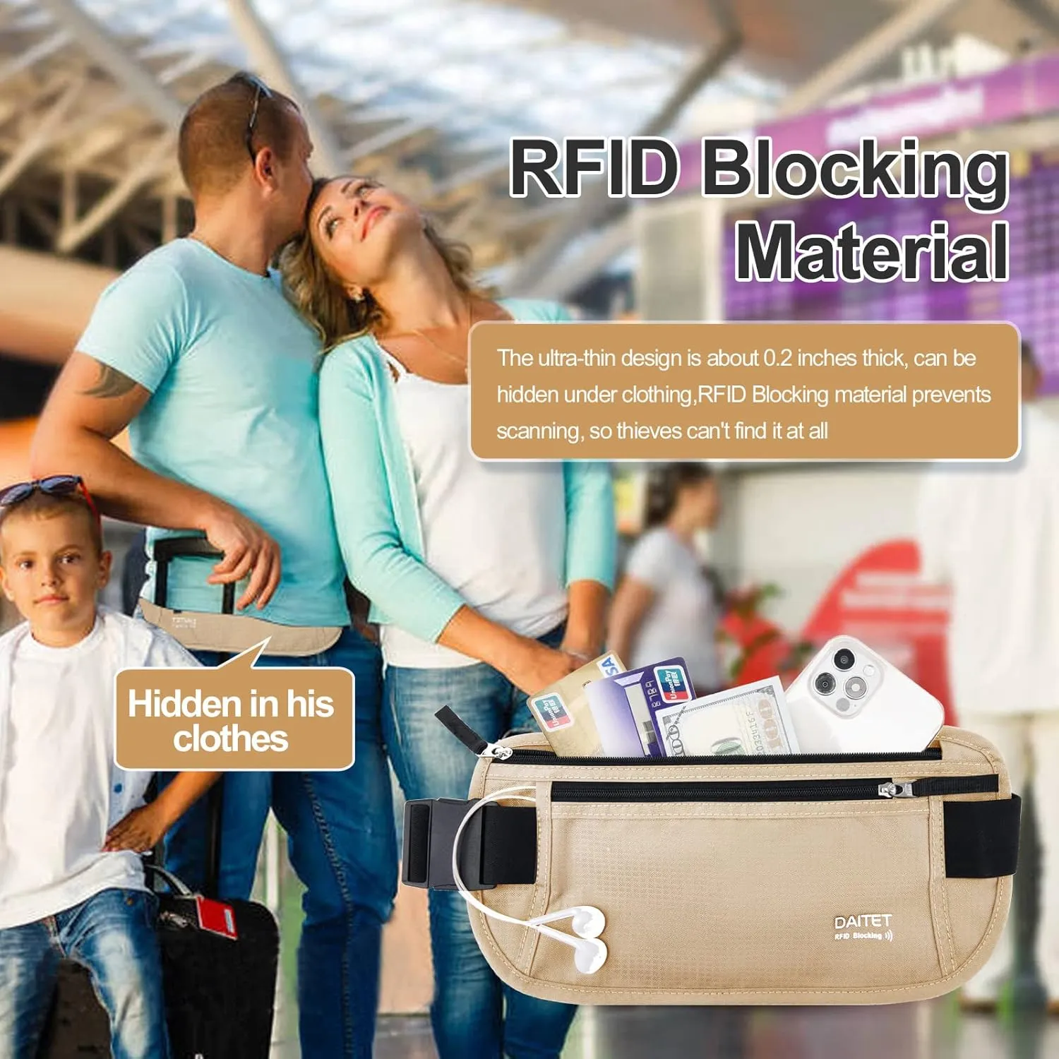 RFID Blocking Money Belt for Men Women, Slim Fanny Pack For TravelRunning,Conceal Waist Wallet For Passport Holder,Phone,Cash(Black Beige), Black Beige