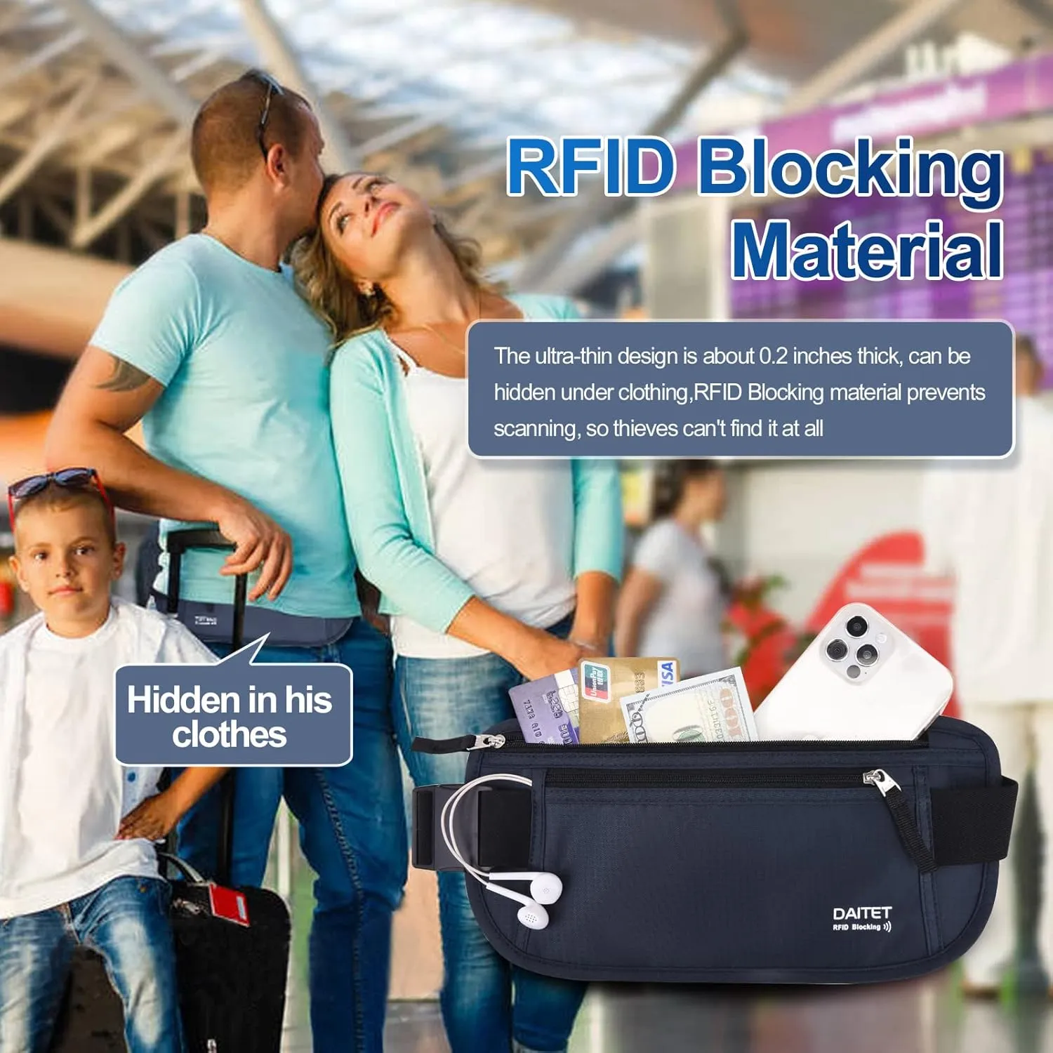 RFID Blocking Money Belt for Men Women, Slim Fanny Pack for TravelRunning,Conceal Waist Wallet for Passport Holder,Phone,Cash(Black Dark Blue)