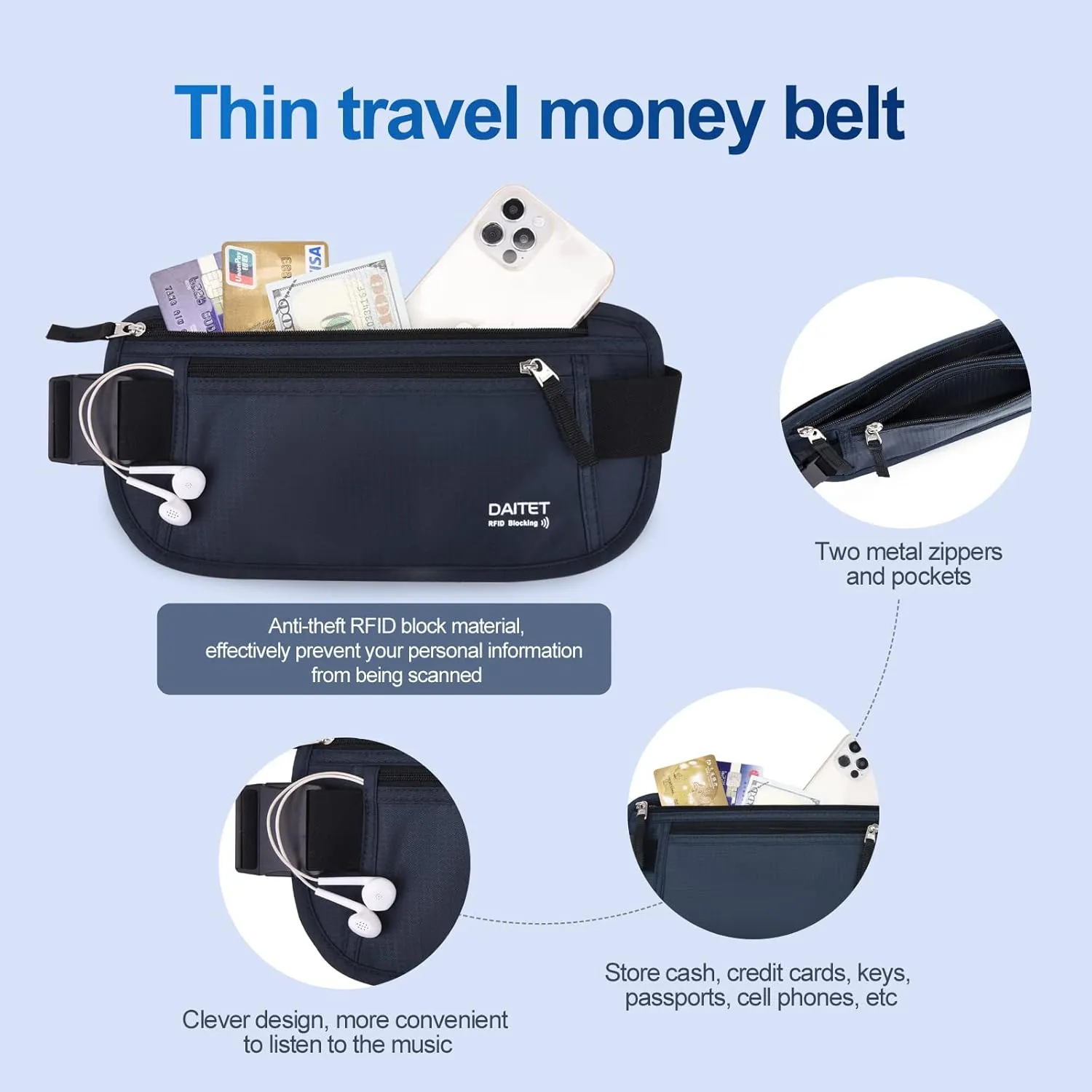 RFID Blocking Money Belt for Men Women, Slim Fanny Pack for TravelRunning,Conceal Waist Wallet for Passport Holder,Phone,Cash(Black Dark Blue)