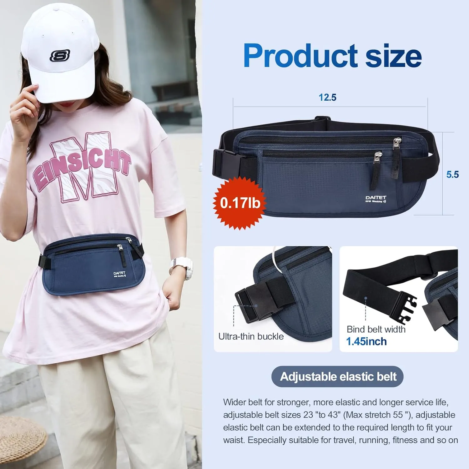 RFID Blocking Money Belt for Men Women, Slim Fanny Pack for TravelRunning,Conceal Waist Wallet for Passport Holder,Phone,Cash(Black Dark Blue)