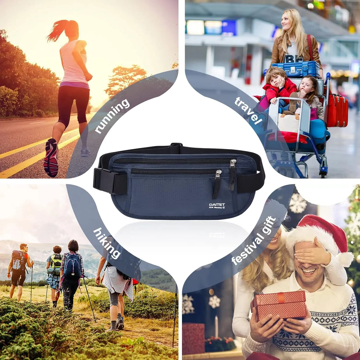 RFID Blocking Money Belt for Men Women, Slim Fanny Pack for TravelRunning,Conceal Waist Wallet for Passport Holder,Phone,Cash(Black Dark Blue)