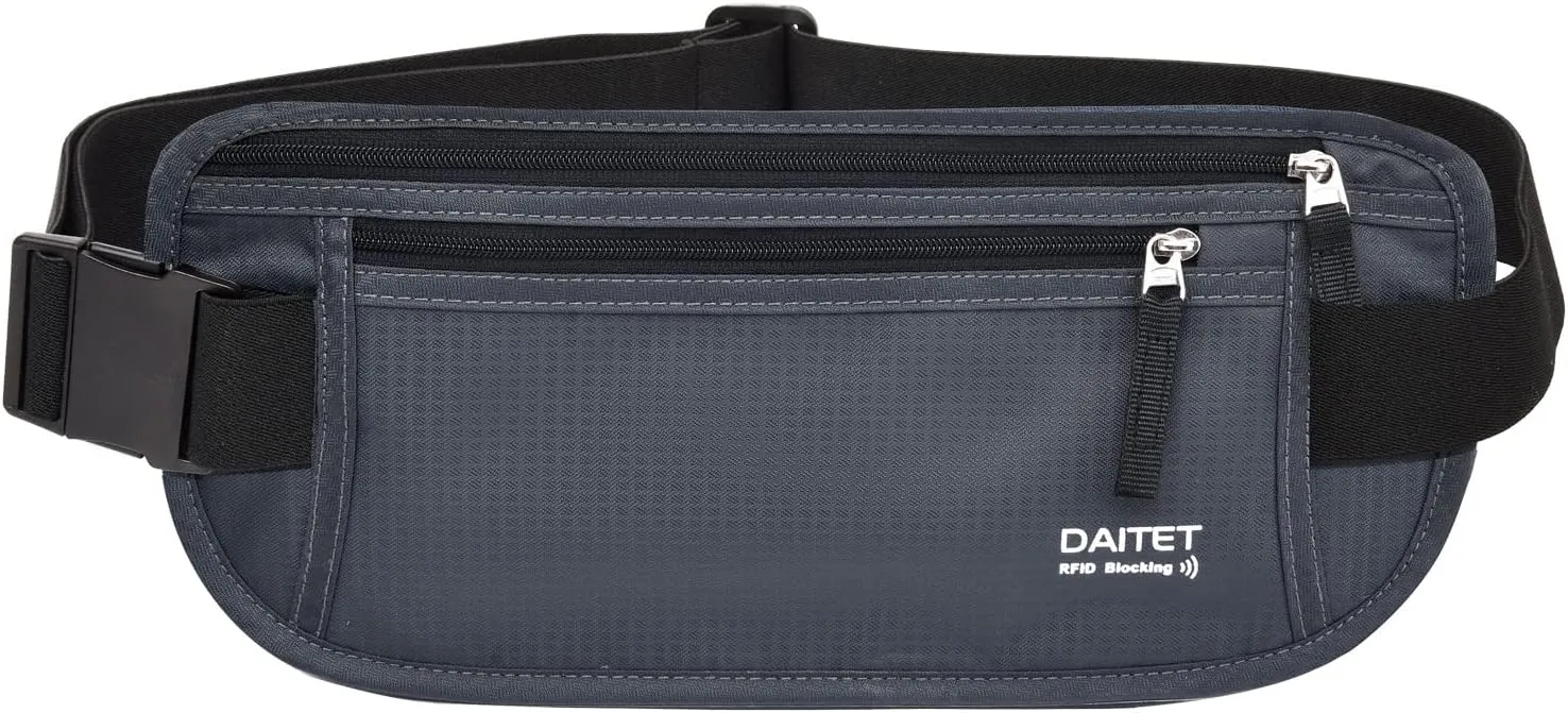 RFID Blocking Money Belt for Men Women, Slim Fanny Pack for TravelRunning,Conceal Waist Wallet for Passport Holder,Phone,Cash(Black Dark Grey)