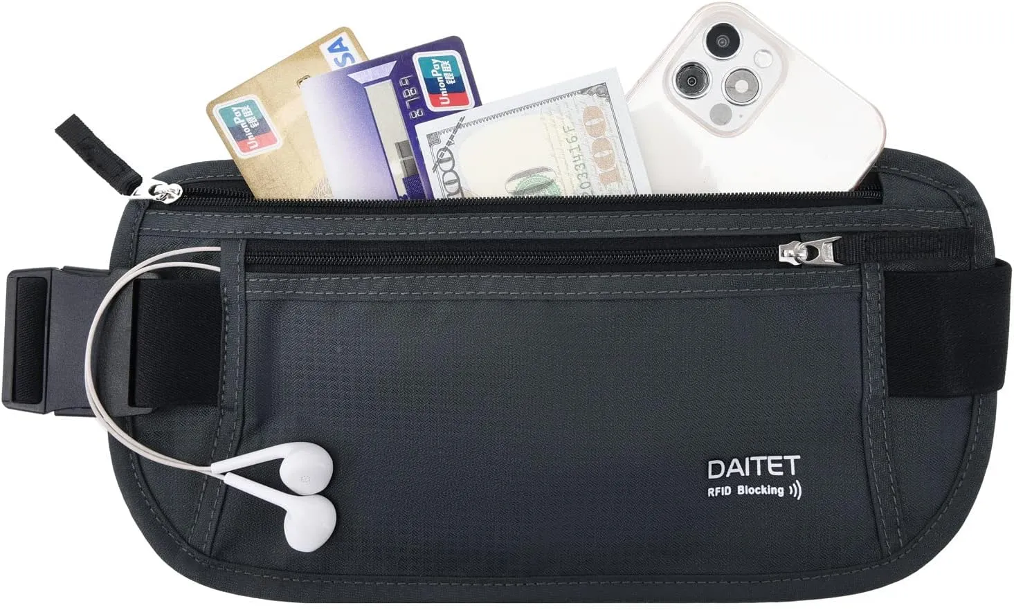 RFID Blocking Money Belt for Men Women, Slim Fanny Pack for TravelRunning,Conceal Waist Wallet for Passport Holder,Phone,Cash(Black Dark Grey)