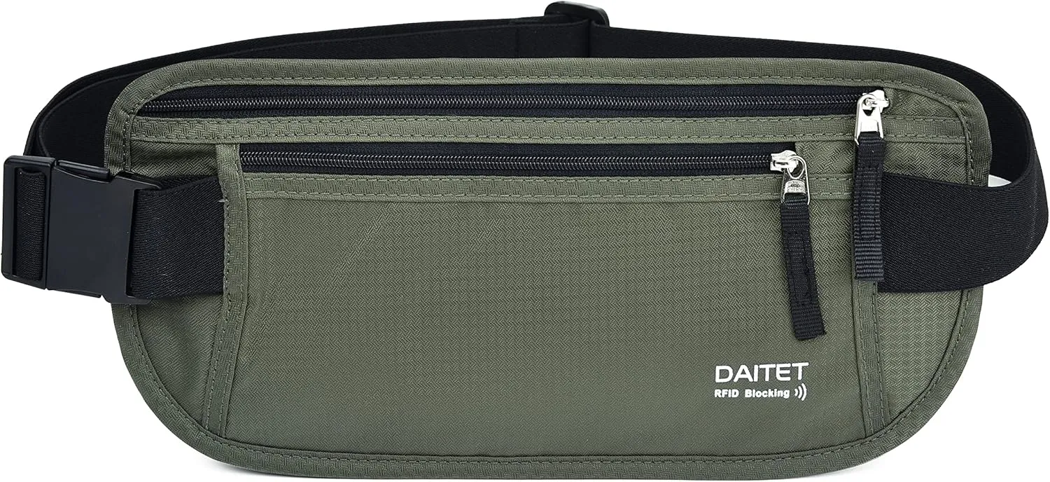 RFID Blocking Money Belt for Men Women, Slim Fanny Pack for TravelRunning,Conceal Waist Wallet for Passport Holder,Phone,Cash(Black Dark Olive Green)
