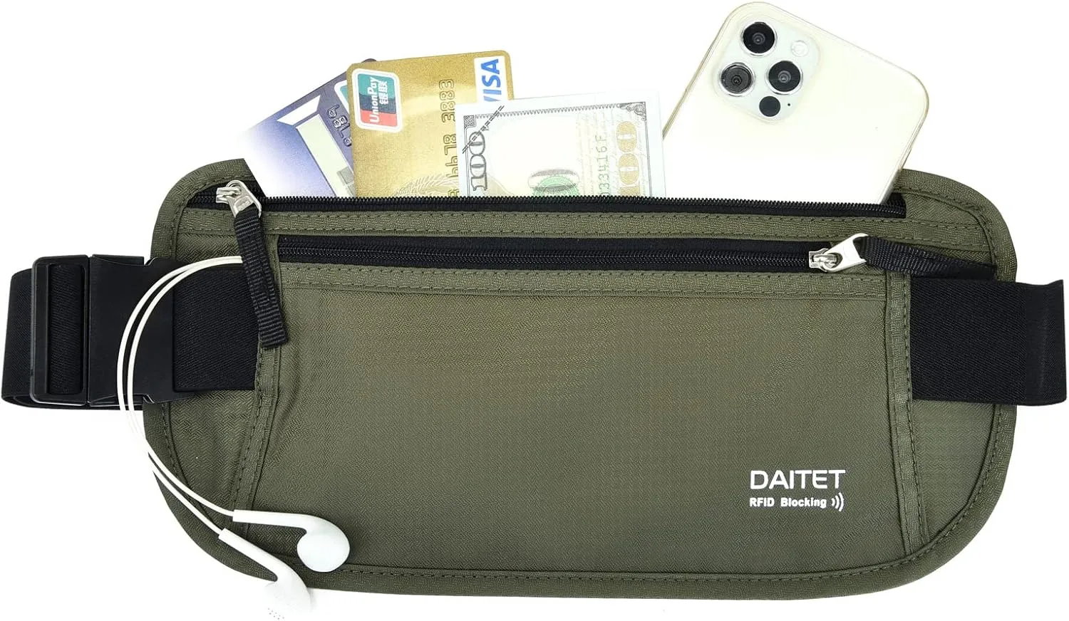 RFID Blocking Money Belt for Men Women, Slim Fanny Pack for TravelRunning,Conceal Waist Wallet for Passport Holder,Phone,Cash(Black Dark Olive Green)