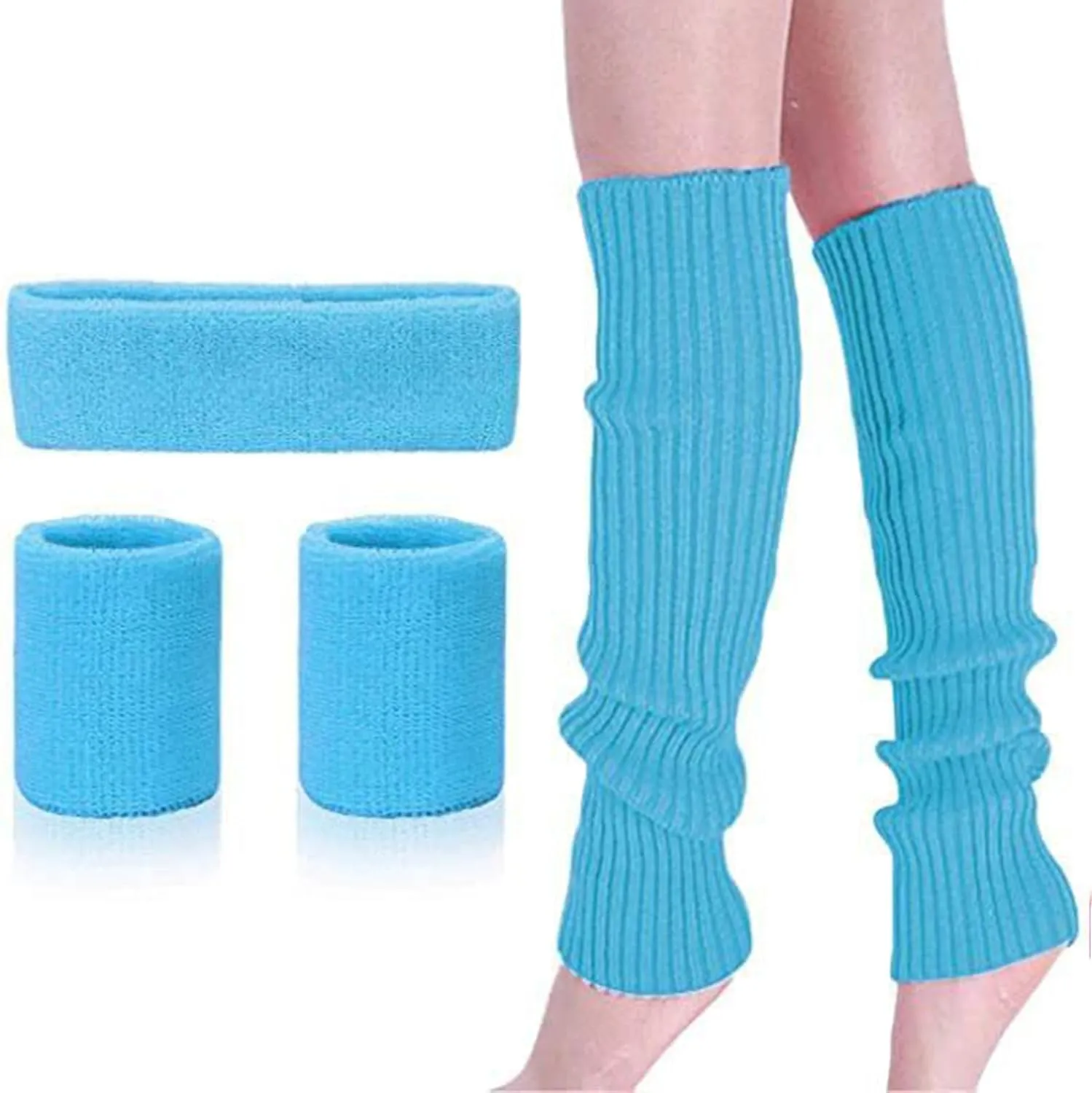 Ribbed Knitted Leg Warmers Sweatband Set 80s Neon Running Headband and Wristband for Women & Girls Party Sports Yoga