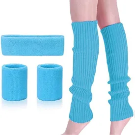 Ribbed Knitted Leg Warmers Sweatband Set 80s Neon Running Headband and Wristband for Women & Girls Party Sports Yoga